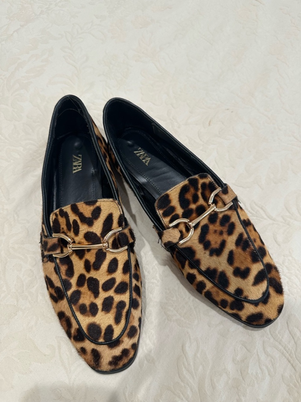 Zara Leopard-Print Faux-Hair Loafers with Gold Accent
